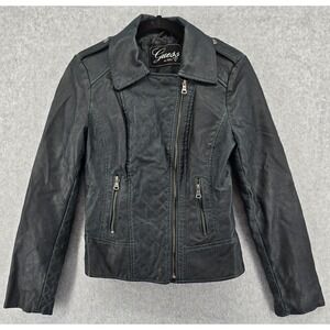 GUESS Faux Leather‎ Asymmetrical Zip Jacket Juniors S Blue Quilted Biker Grunge